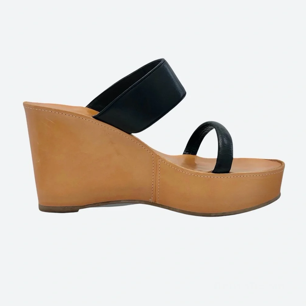 ROBERT CLERGERIE BLACK & TAN LEATHER PLATFORM WEDGES SIZE 8.5